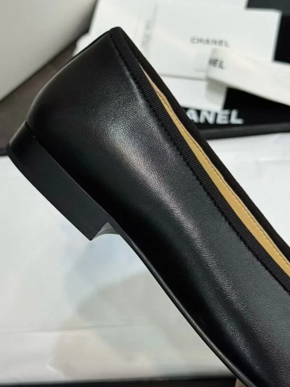 Chanel Two‑Tone Patent Toe Bow Ballet Flats